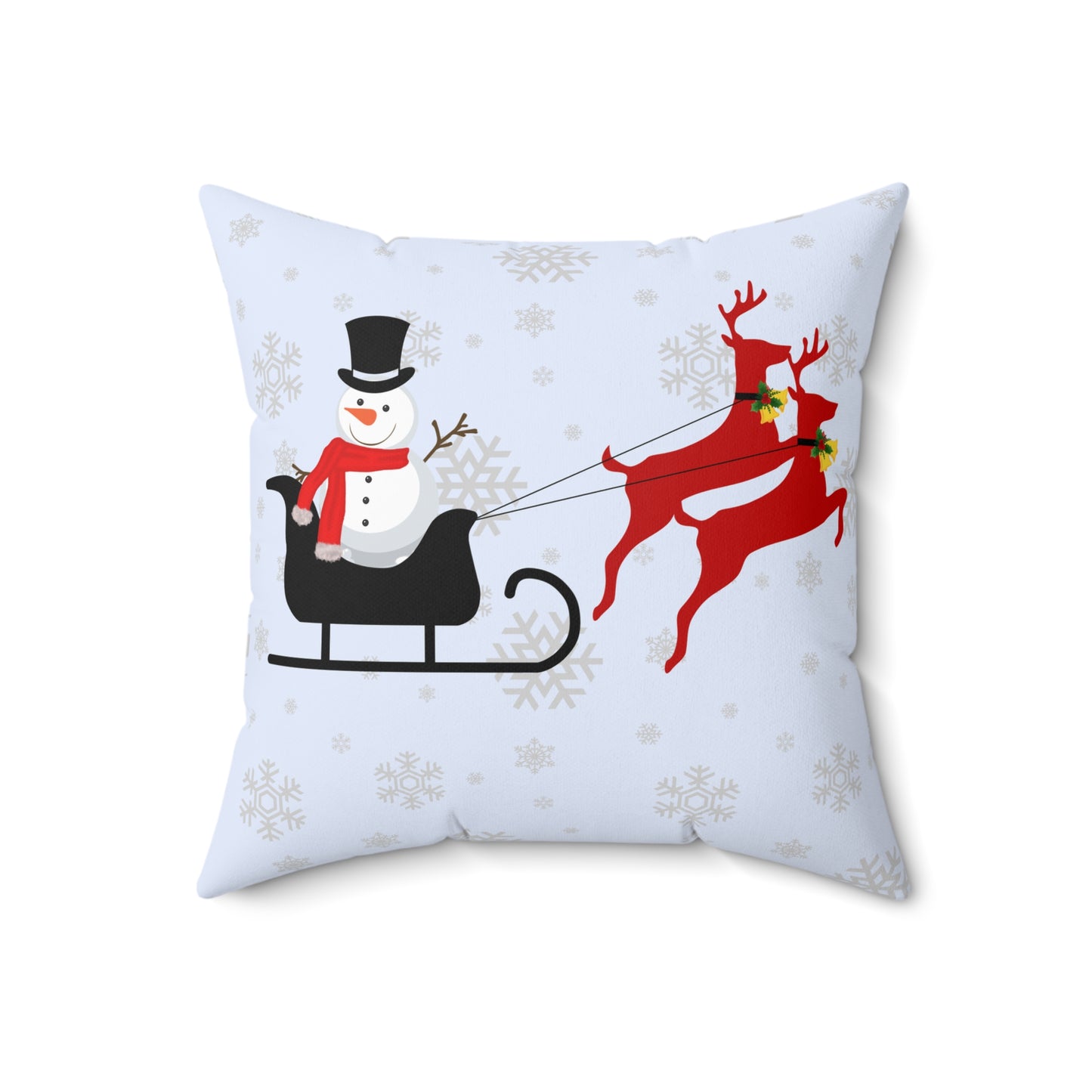 Spun Polyester Square Pillow/Gingerbread man in the sleigh/Front/Snowman in sleigh/ Back/ Baby Blue/ White Snowflakes