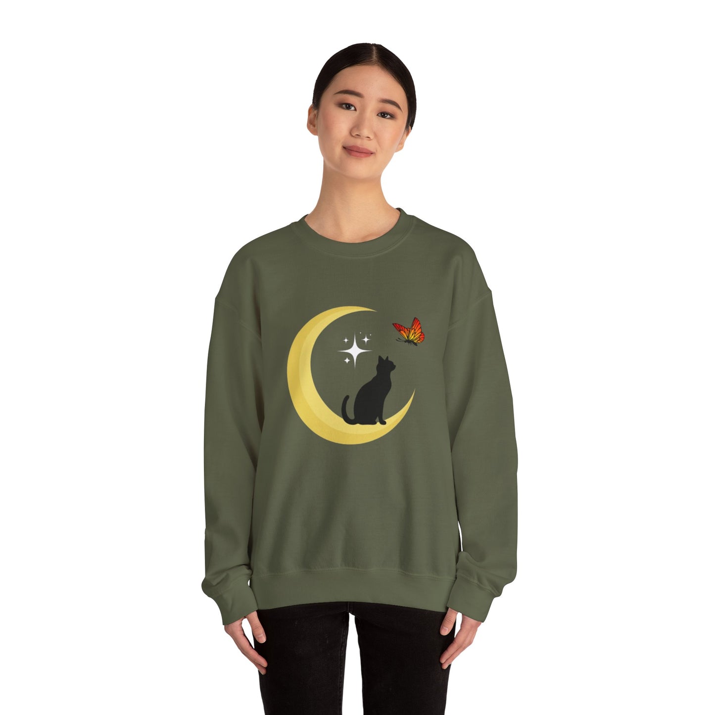 Woman's Heavy Blend™ Crewneck Sweatshirt/ Cat on the moon/White Star/Fall