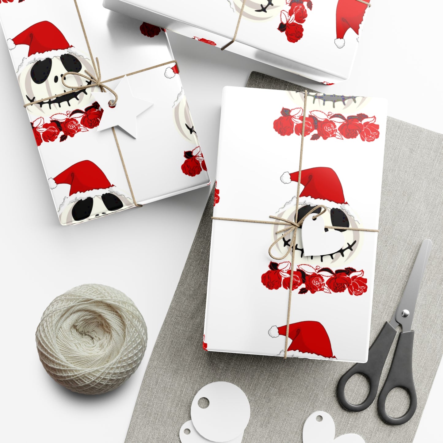 Holiiday Gift Wrap Papers/White Jack O Lantern Red Santa Hat/Red Roses/Dark Gray