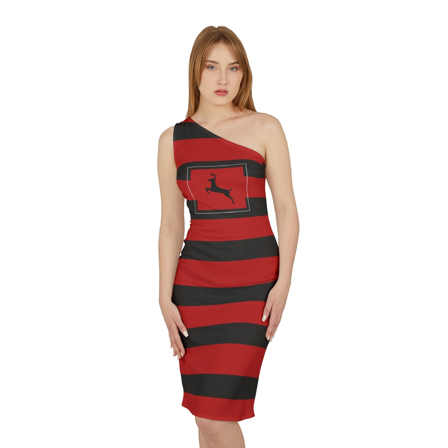 Women's Holiday Shoulder Dress (AOP)/ Reindeer Black/Red Striped