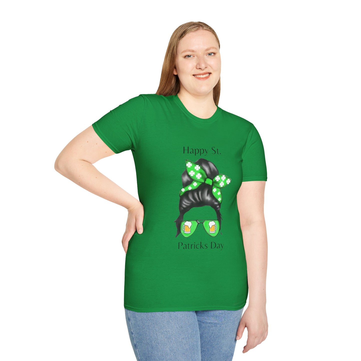 Unisex Softstyle T-Shirt/Happy St. Patrick's Day/ Woman/ Brunette/ Green Glasses/Golden Beer