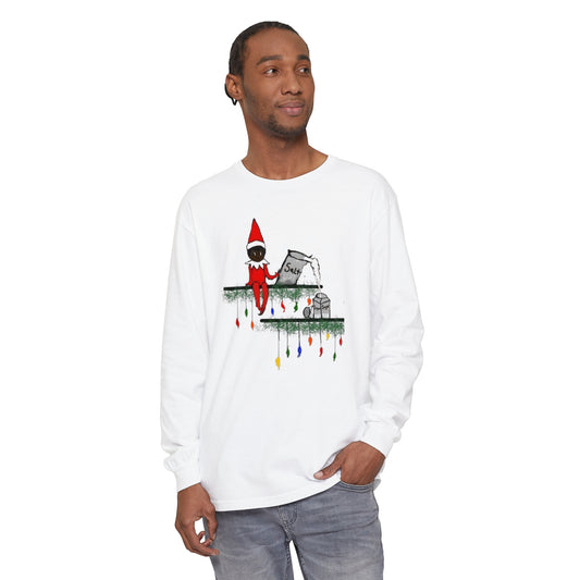 Men's Garment-dyed Long Sleeve T-Shirt/Holiday Funny/African American elf on the shelf/ Salt in the Sugar