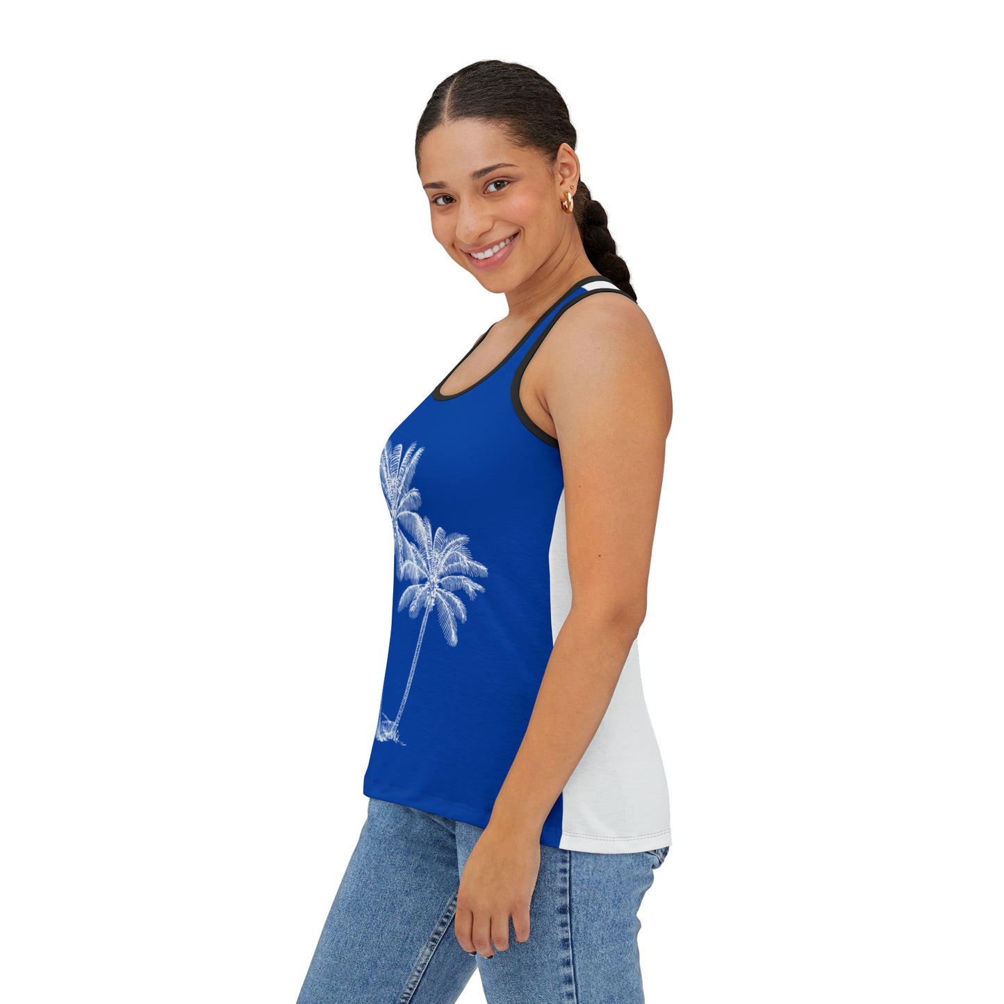 Women's Tank Top/Colored Lining/Black/White (AOP)Palm Tree/Blue/White