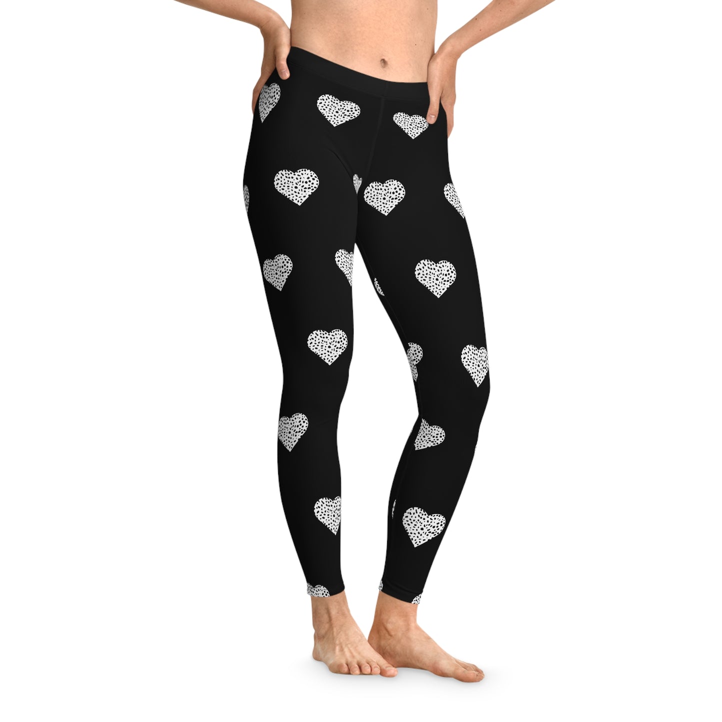 Woman's Stretchy Leggings (AOP)/Hearts/Dalmation Print/Black