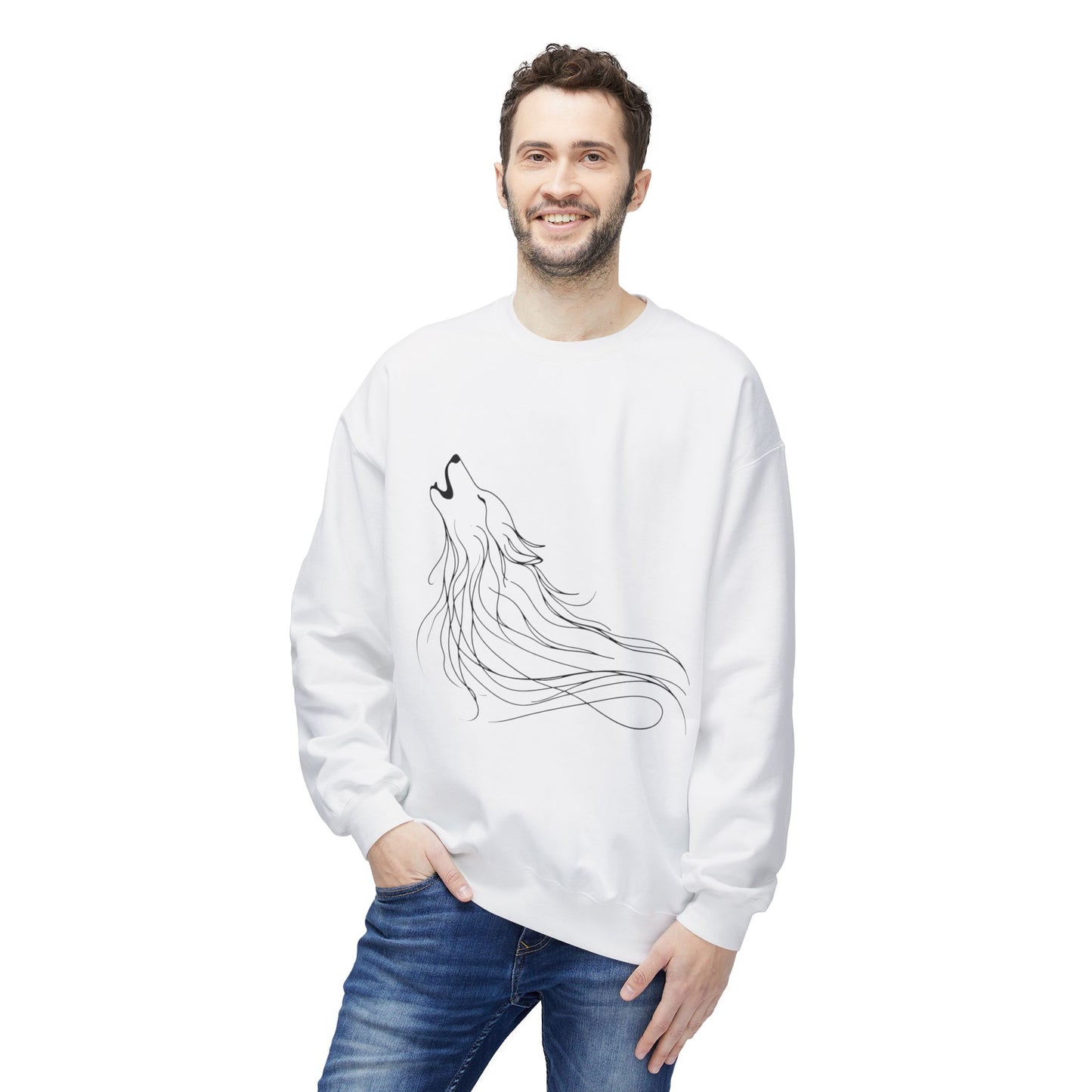 Unisex Midweight Softstyle Fleece Crewneck Sweatshirt/ Howling Wolf/ Line Art