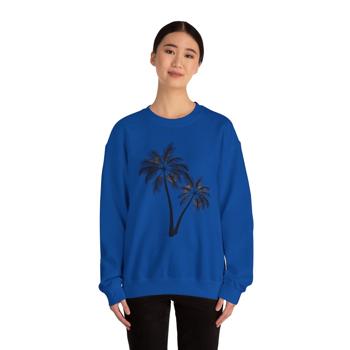 Womans Heavy Blend™ Crewneck Sweatshirt/2 Palm Trees/Black/White