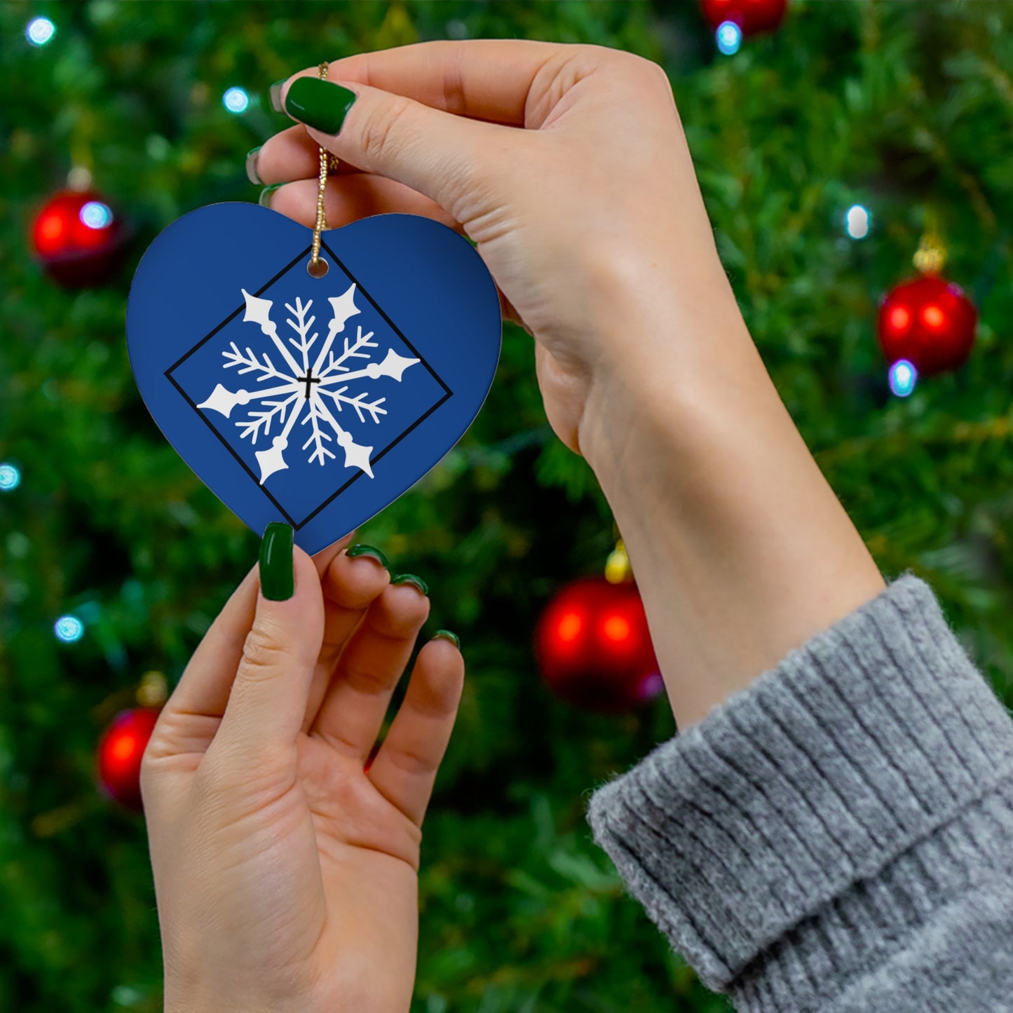 Ceramic Ornament, 4 Shapes/ Dark blue/ White Snowflake