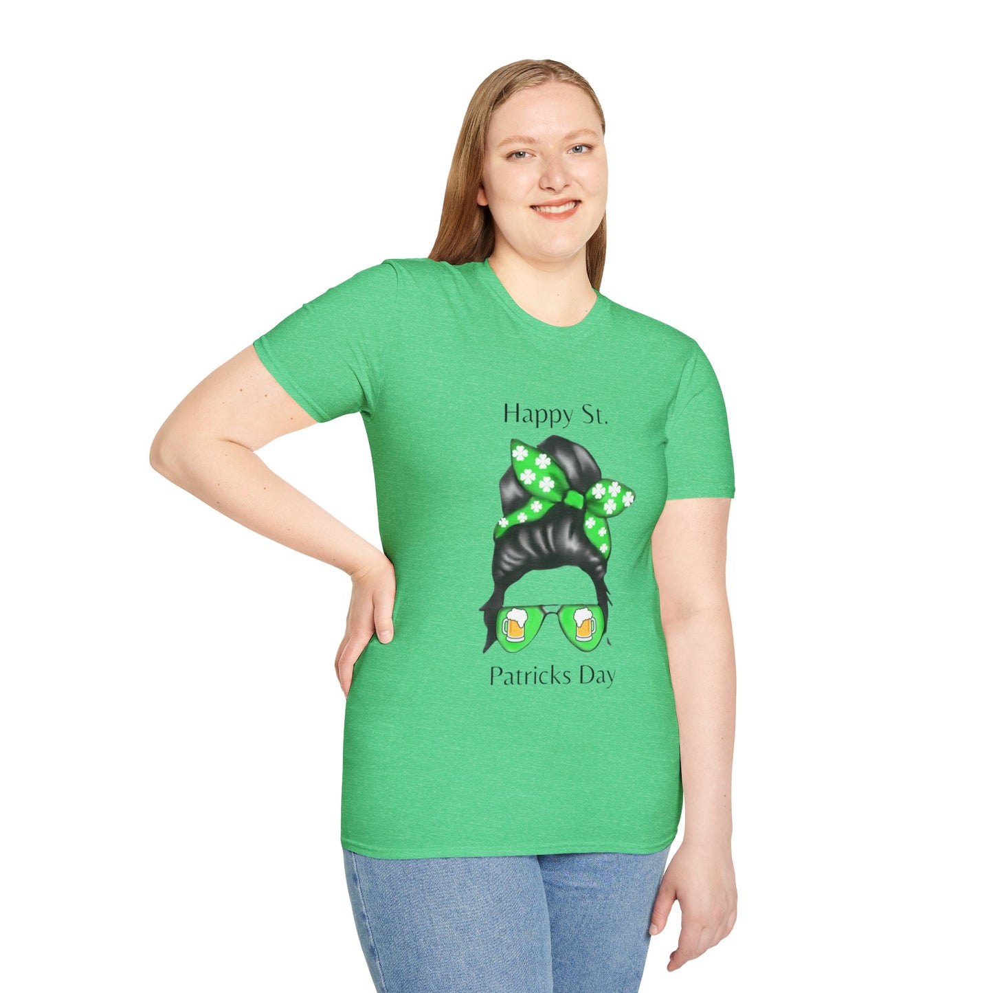 Unisex Softstyle T-Shirt/Happy St. Patrick's Day/ Woman/ Brunette/ Green Glasses/Golden Beer