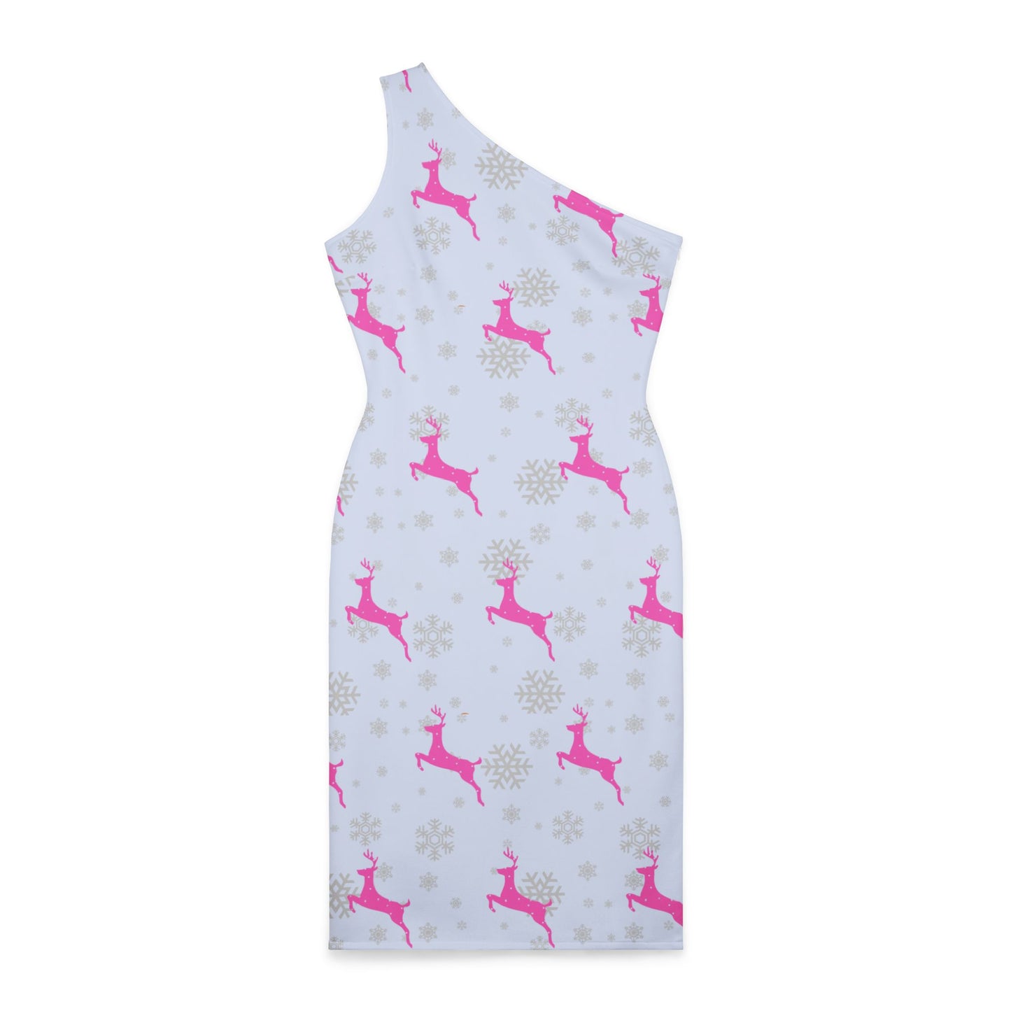 Woman's Shoulder Dress (AOP)/ Holiday/Snowflakes/ Pink Reindeer