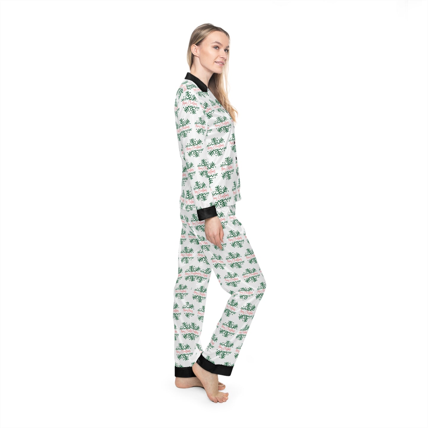 Women's Satin Holiday Pajamas (AOP)/ Merry Christmas Red/Green/Black collar and cuffs