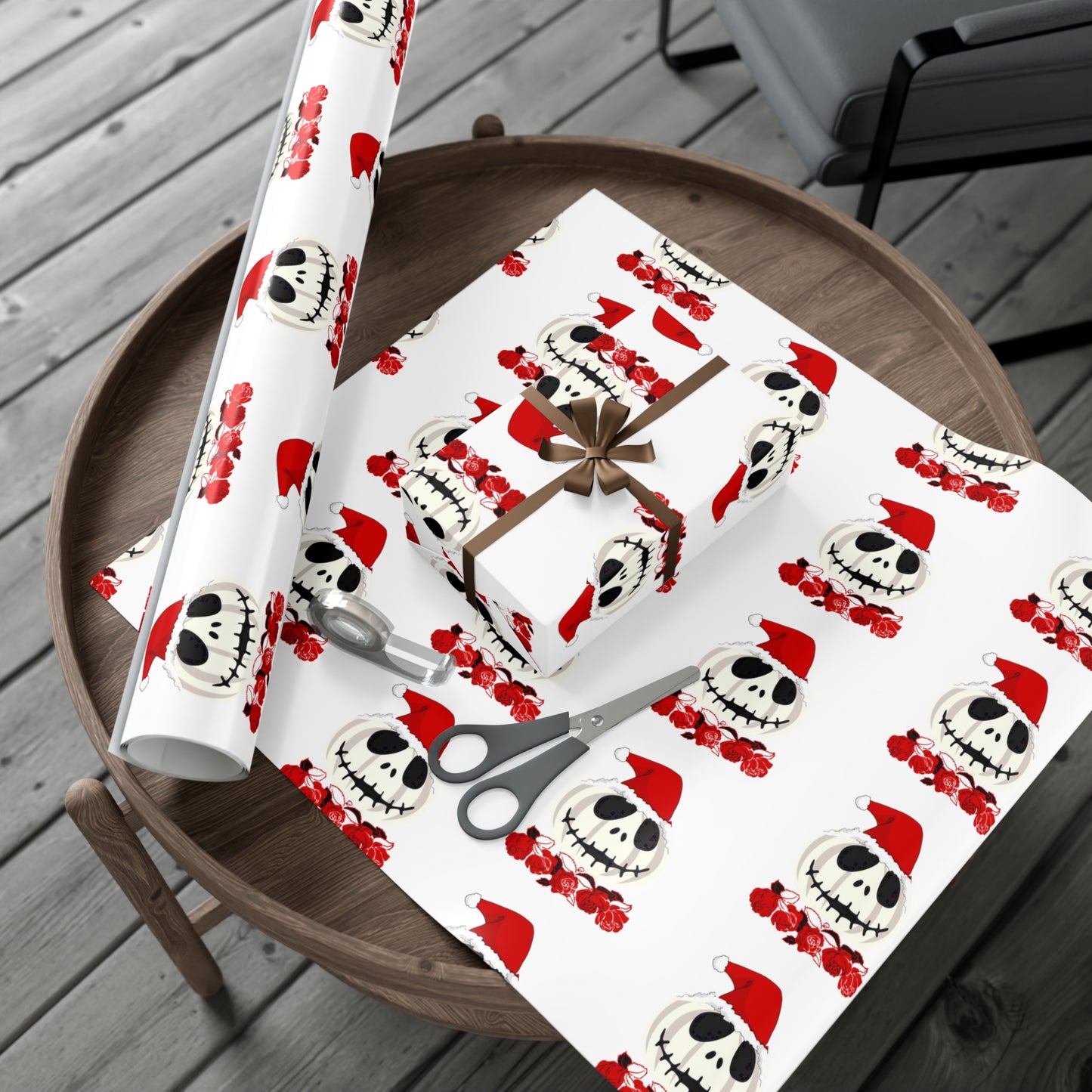 Holiiday Gift Wrap Papers/White Jack O Lantern Red Santa Hat/Red Roses/Dark Gray