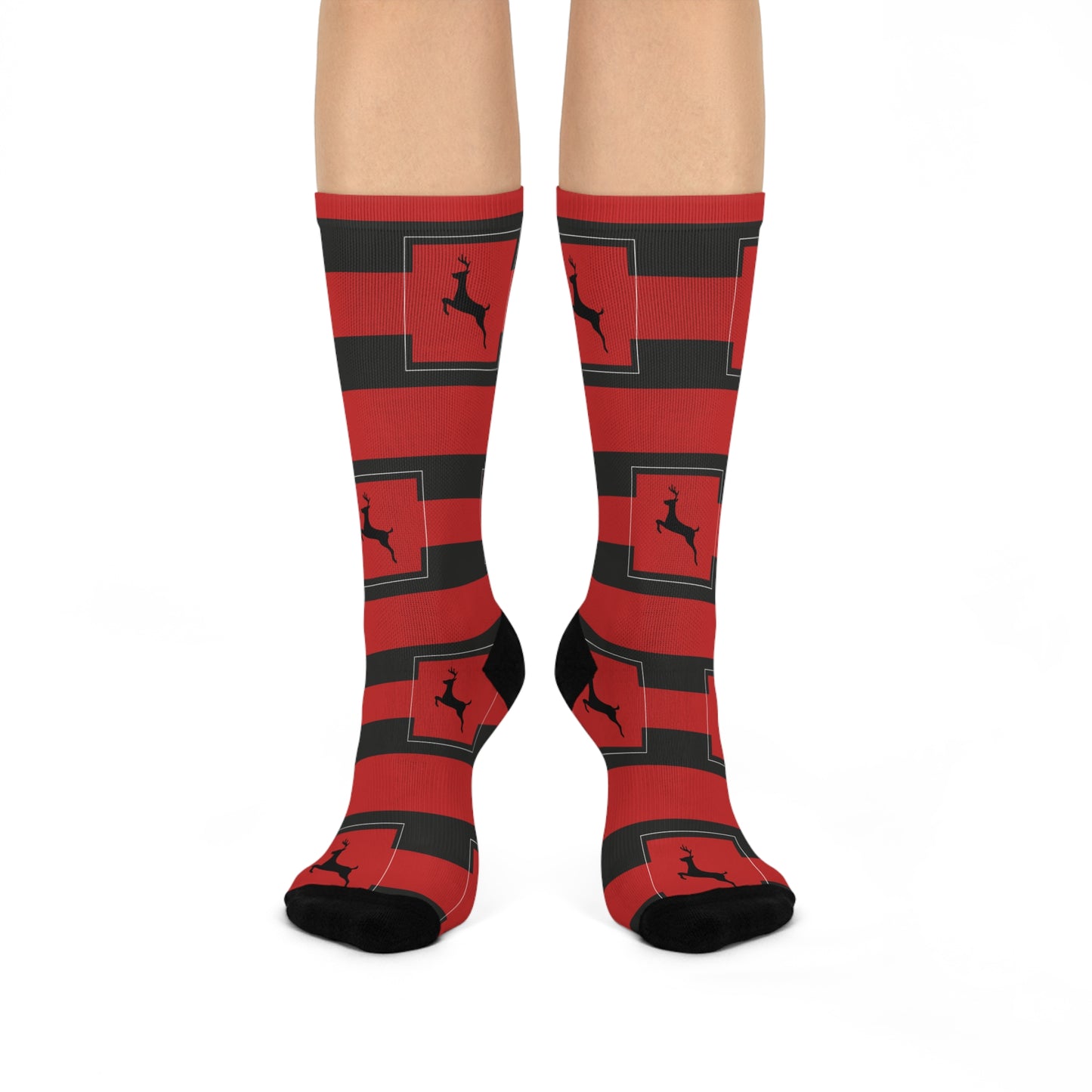 Cushioned Crew Socks Holiday/Reindeer/Black/Red striped