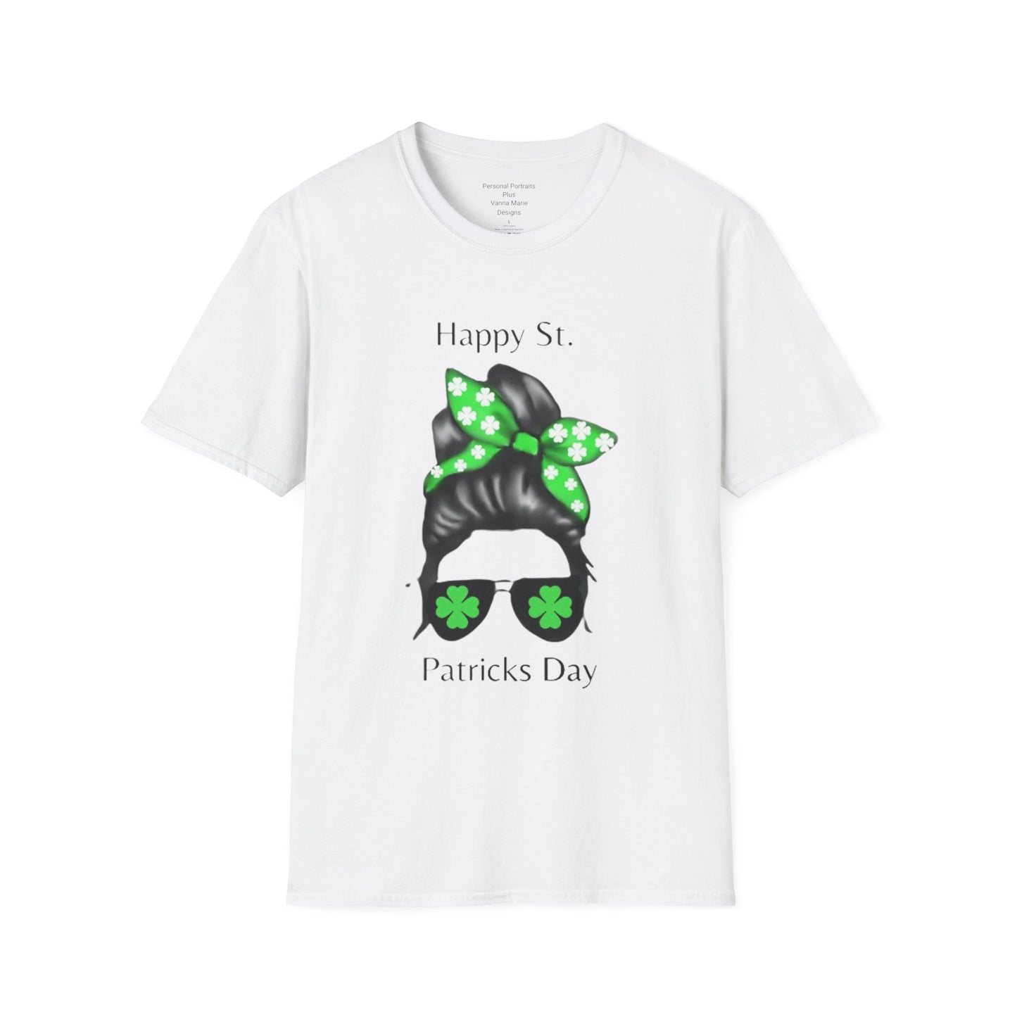 Unisex Softstyle T-Shirt/Happy St. Patricks' Day/ Woman/ Brunette/ Black Glasses/Green Clovers