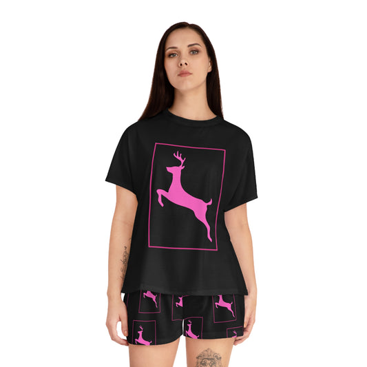 Women's Short Pajama Set (AOP)/Black/Pink Reindeer/Pink Border