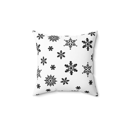 Spun Polyester Square Pillow/Black Snowflakes/White