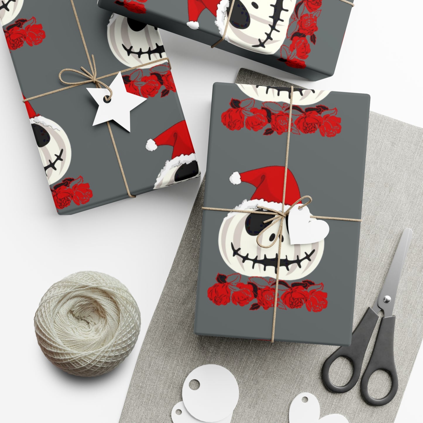 Holiday Gift Wrap Papers/White Jack O Lantern Red Santa Hat/Red Roses/Dark Gray