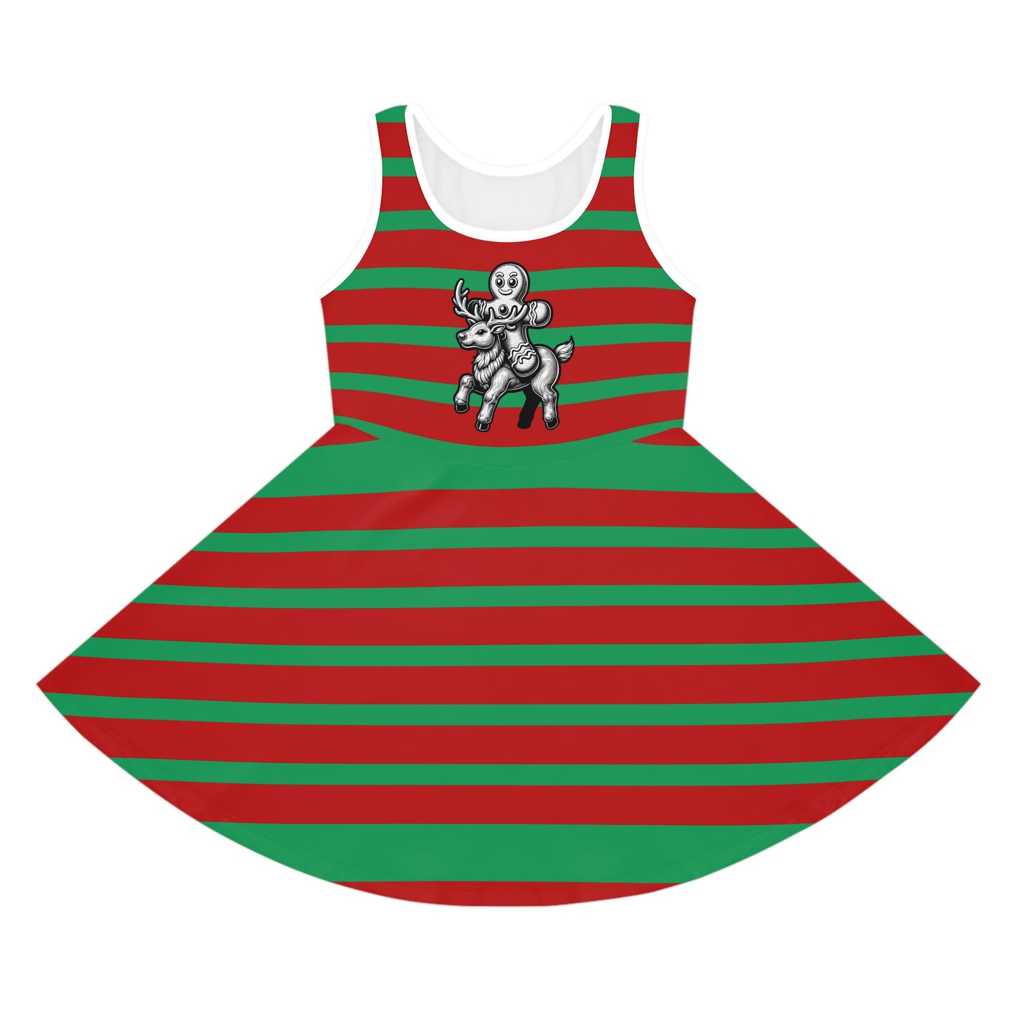 Girls' Sleeveless Holiday Dress (AOP)/Red/Green Striped/ Gingerbread man Riding a Reindeer