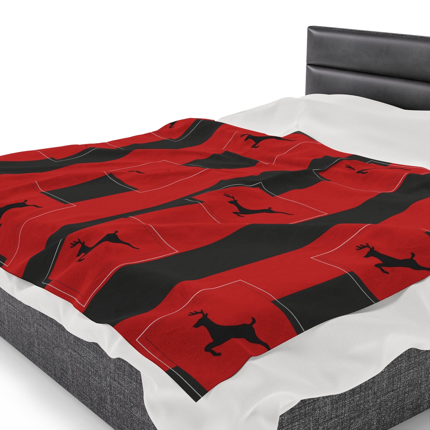 Velveteen Plush Blanket/ Holiday Reindeer Black/Red stripe