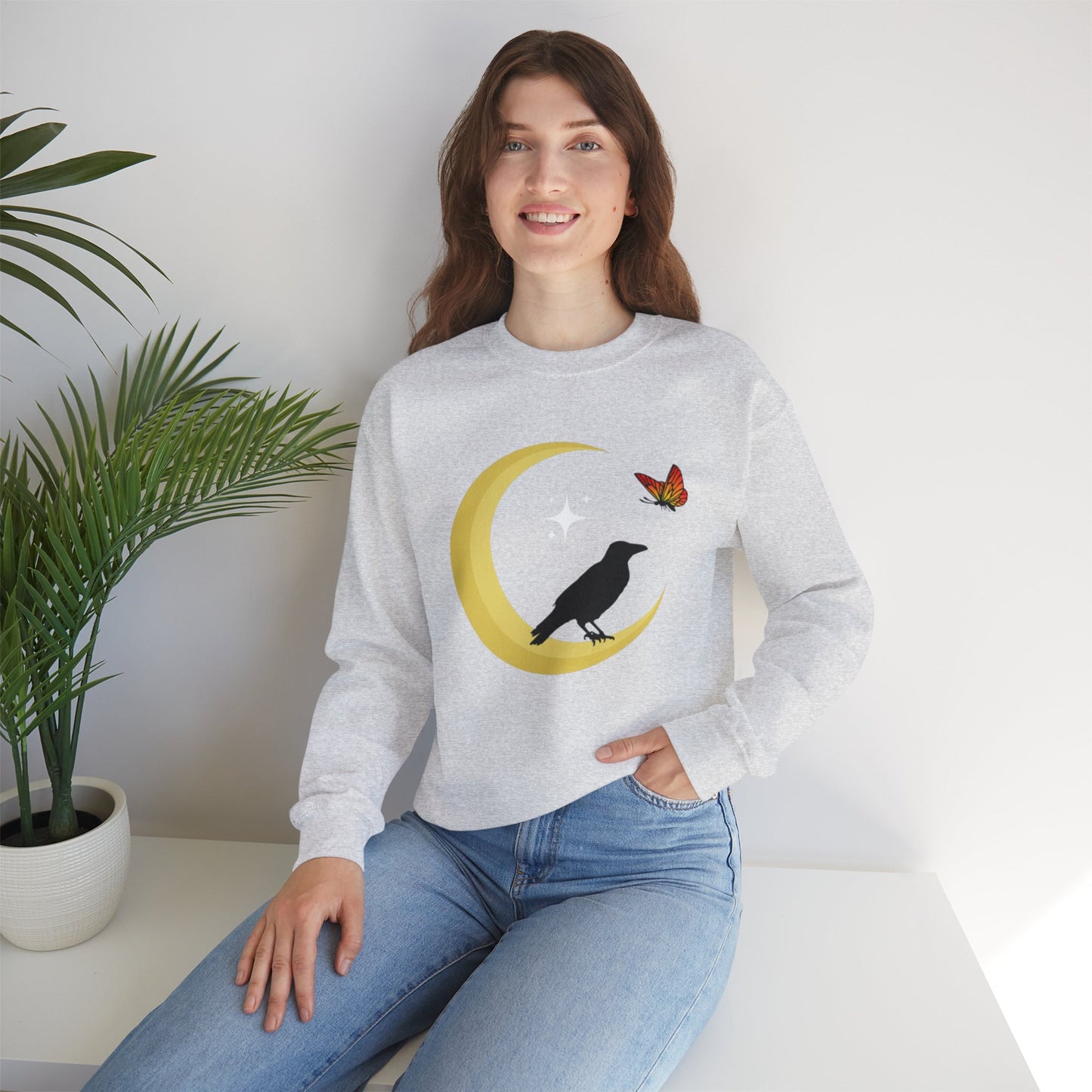 Woman's Heavy Blend™ Crewneck Sweatshirt/ Crow on the moon/White star/Fall