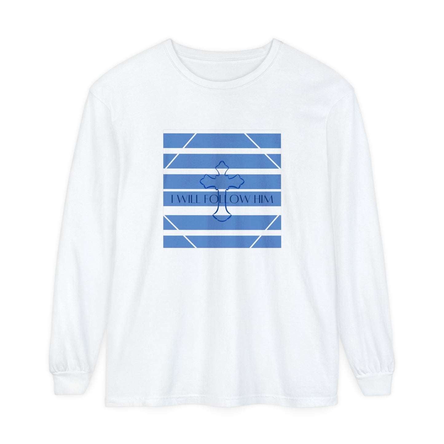 Men's Garment-dyed Long Sleeve T-Shirt/ I will follow him/Blue Transparent Striped