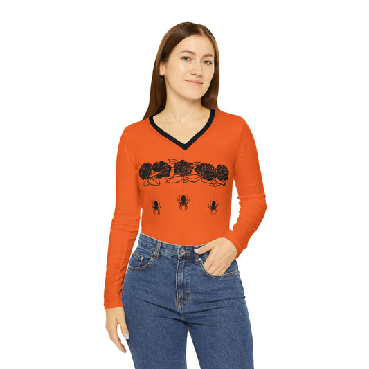 Women's Long Sleeve V-neck Shirt (AOP)/Roses/Spiders/Orange