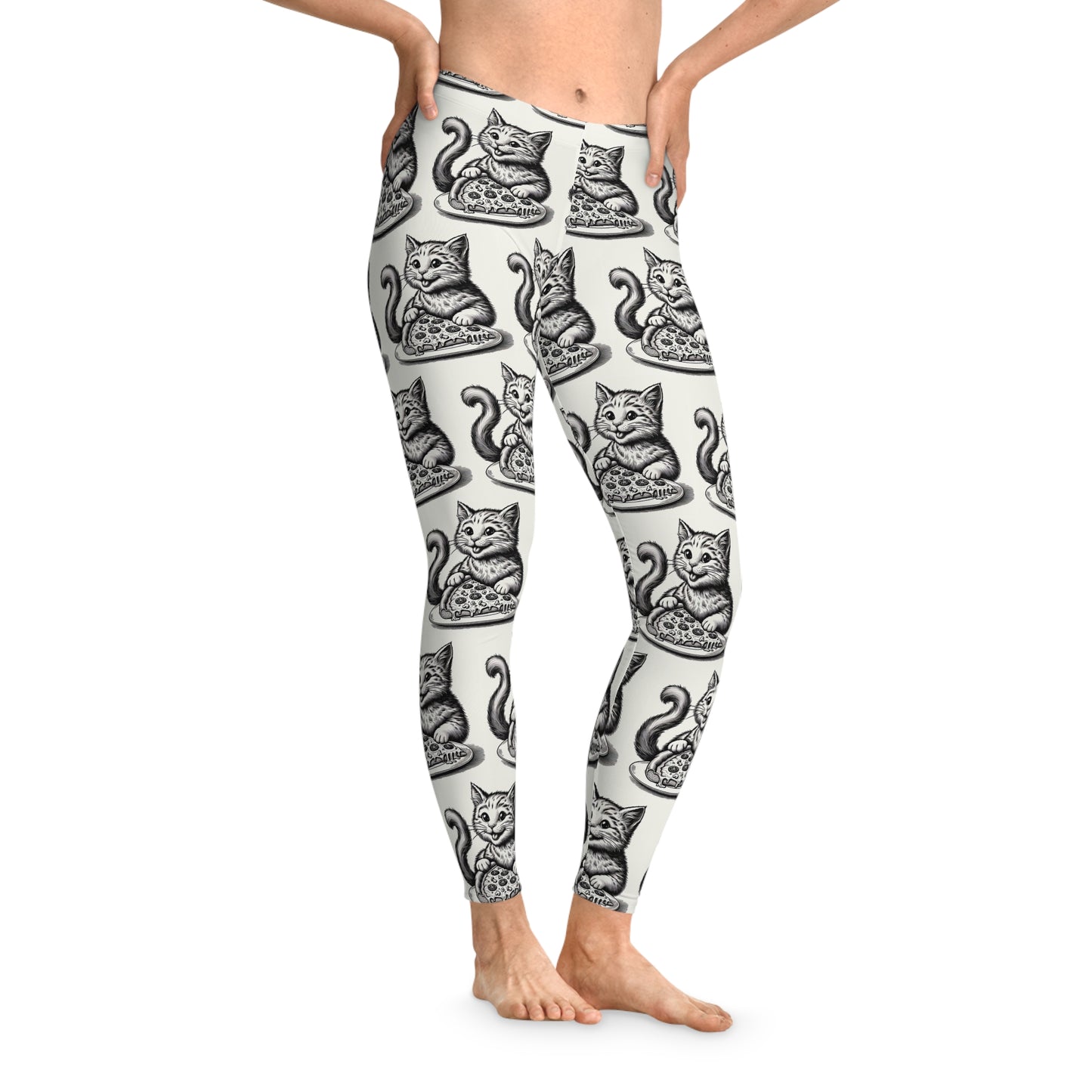 Woman's Stretchy Leggings (AOP)/Kitten with Slice of Pizza