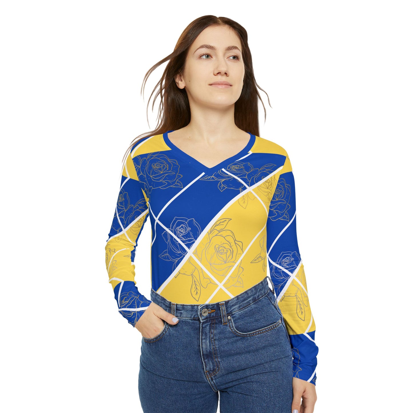 Women's Long Sleeve V-neck Shirt (AOP)/Blue/yellow/Roses