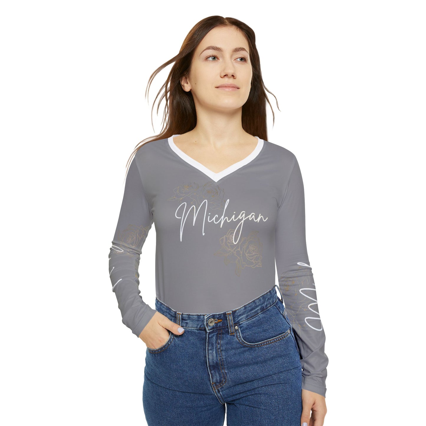 Women's Long Sleeve V-neck Shirt (AOP)/ Michigan/ Gray/white