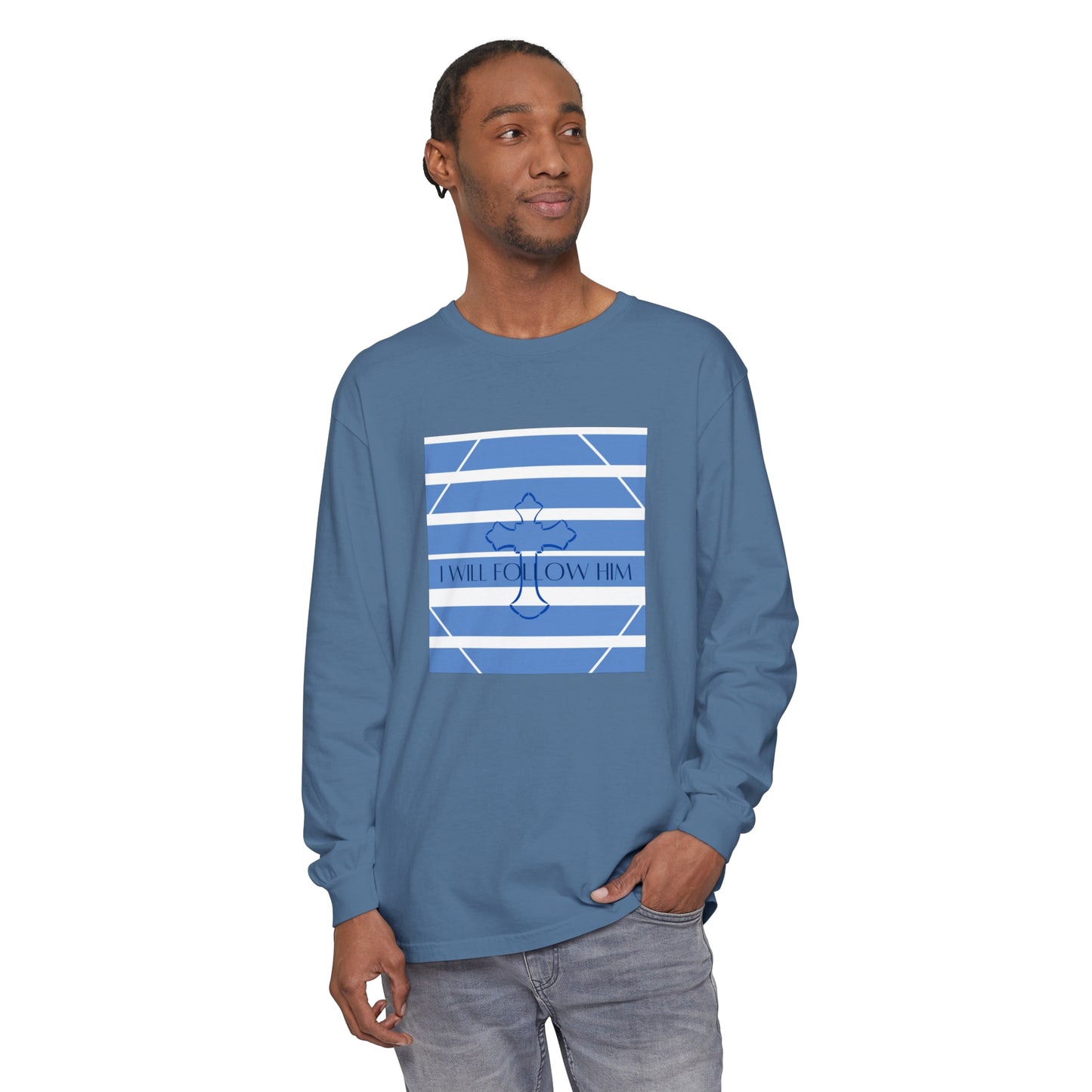 Men's Garment-dyed Long Sleeve T-Shirt/ I will follow him/Blue Transparent Striped