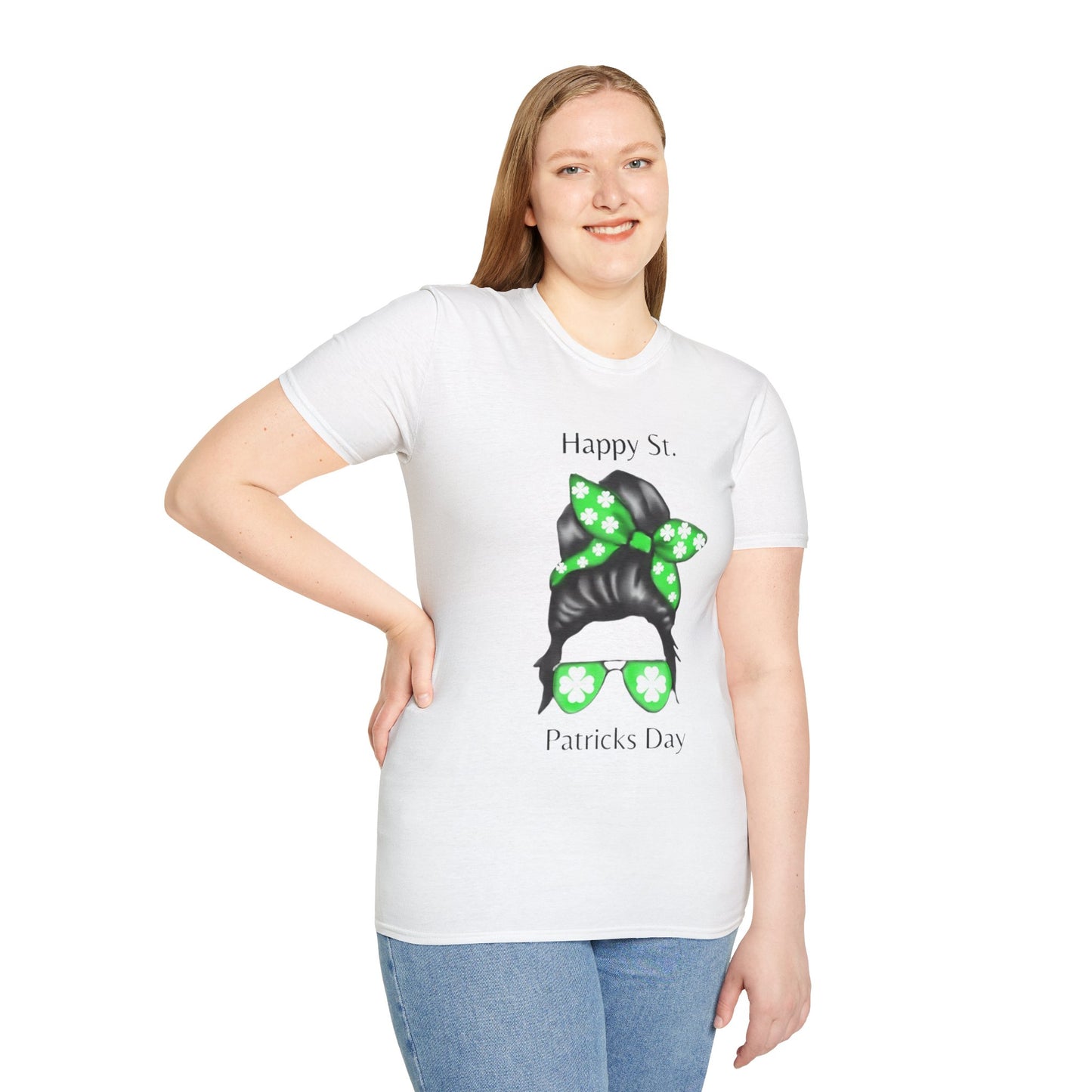 Unisex Softstyle T-Shirt/Happy St. Patrick's Day/ Woman/ Brunette/ Green Glasses/ White Clovers