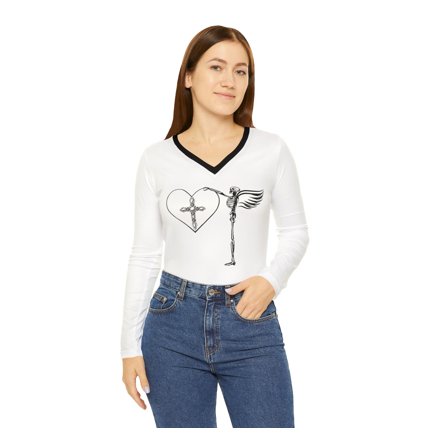 Women's Long Sleeve V-neck Shirt (AOP)/Skeleton Angel