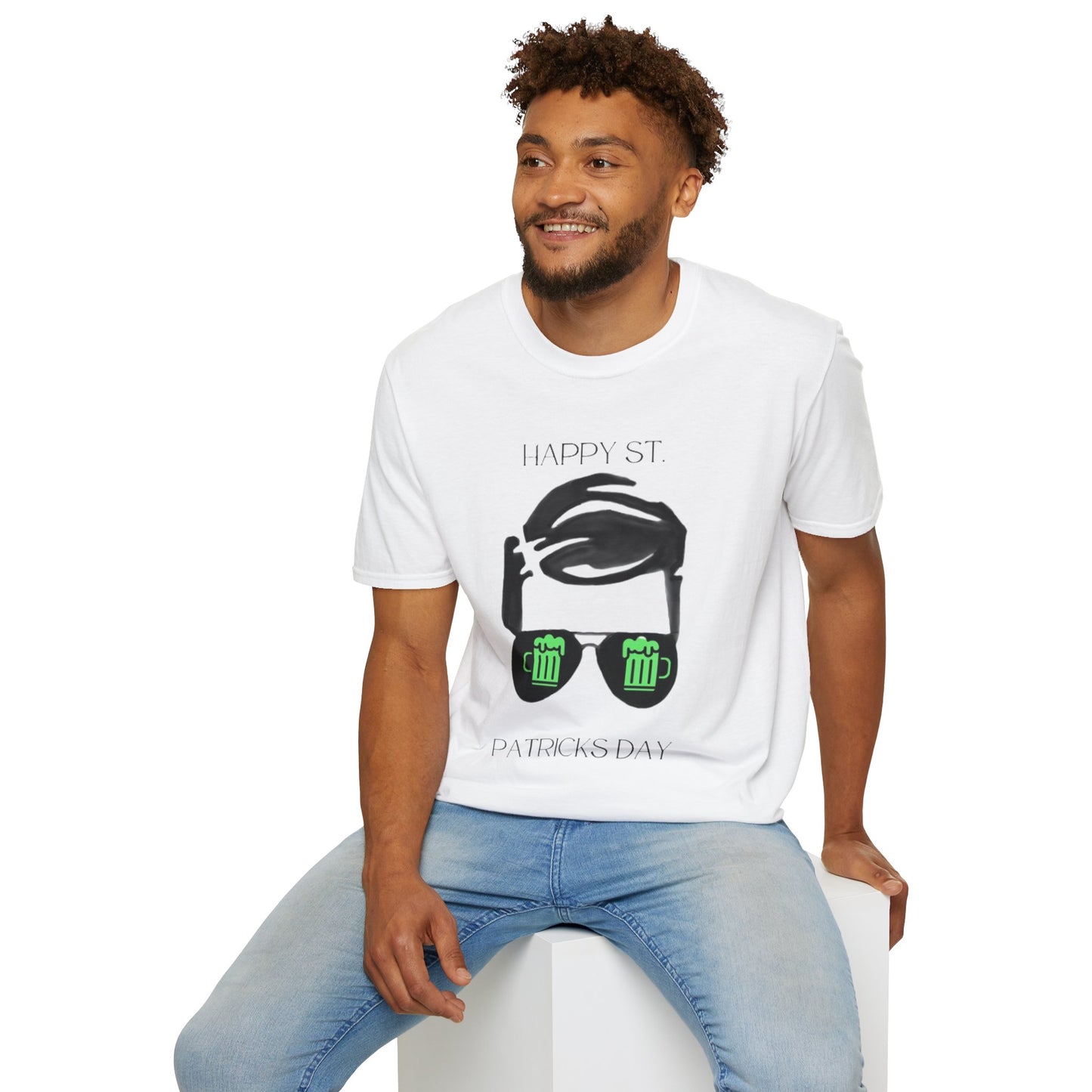 Unisex Softstyle T-Shirt/ Happy St Patrick's Day/Man/Black Glasses/Green Beer