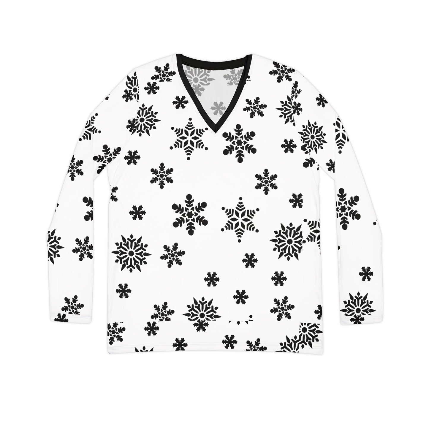 Women's Long Sleeve V-neck Shirt (AOP)/White/Black Snowflakes/Holiday