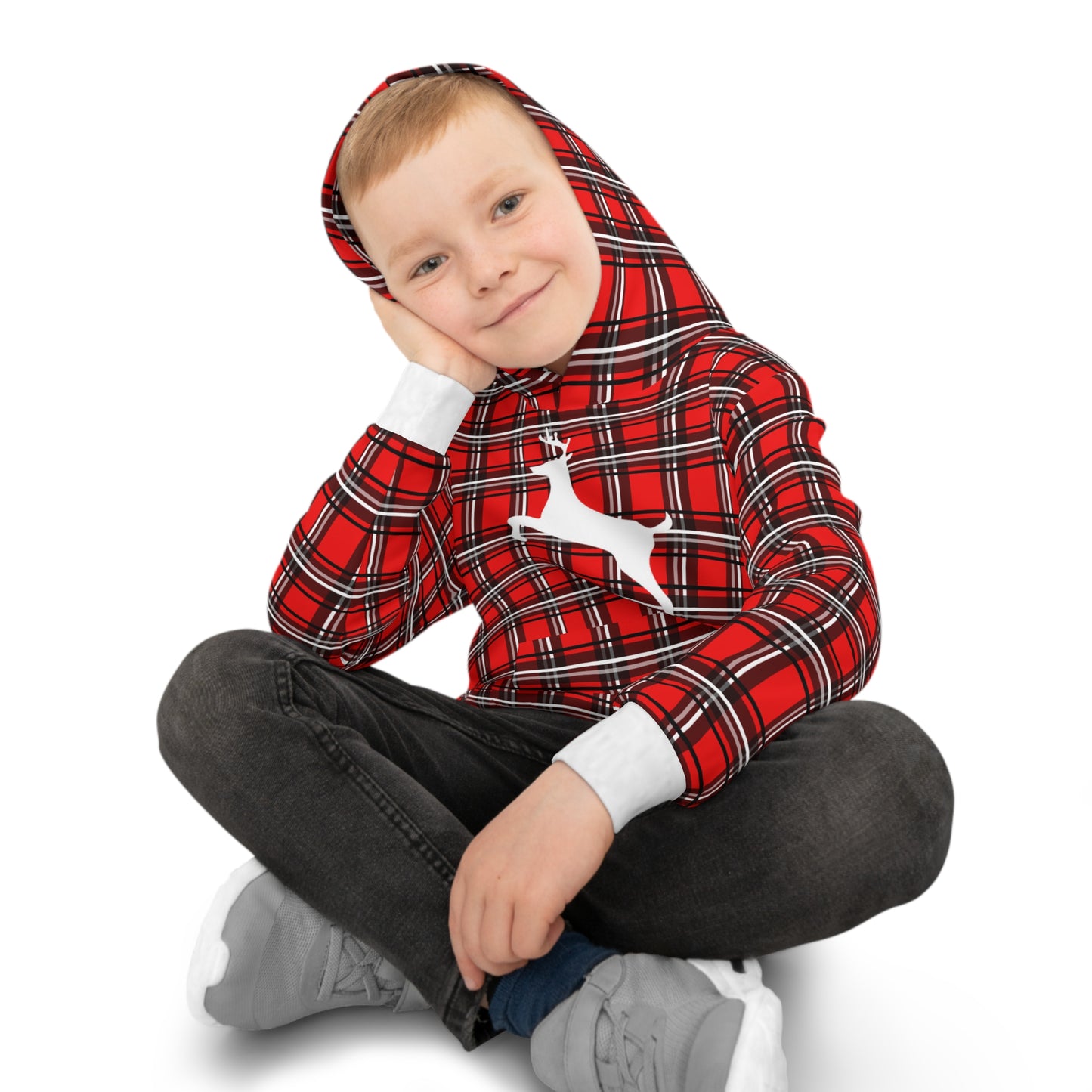 Children's Hoodie (AOP) / White Reindeer/Red/Black/Plaid/Holiday