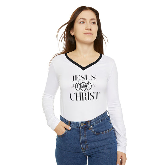 Women's Long Sleeve V-neck Shirt (AOP)/Jesus Christ/JC/Black/White