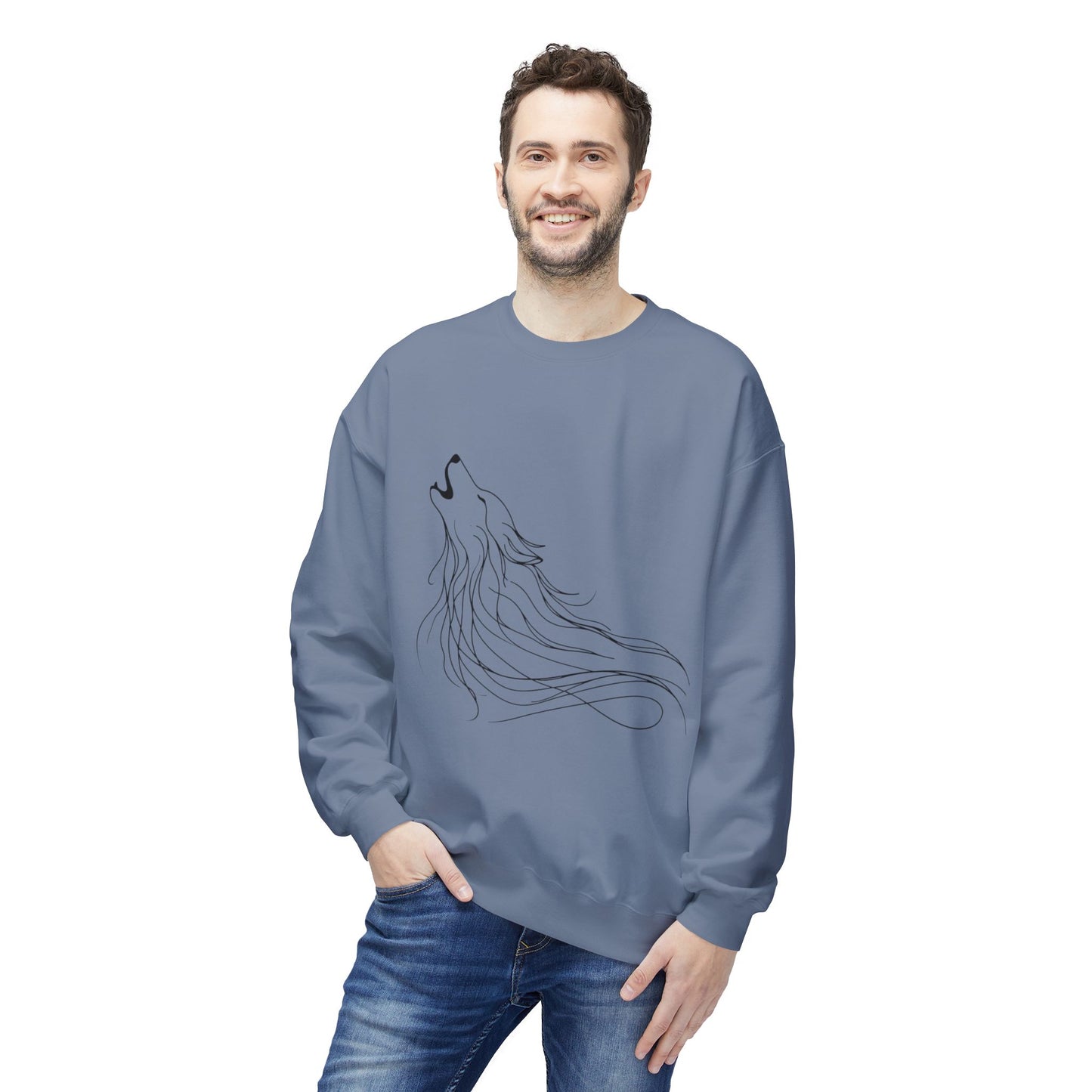 Unisex Midweight Softstyle Fleece Crewneck Sweatshirt/ Howling Wolf/ Line Art