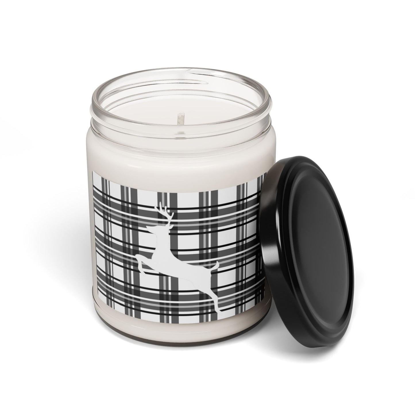 Scented Soy Candle, 9oz/Holiday/Black and White Plaid BG/White Reindeer