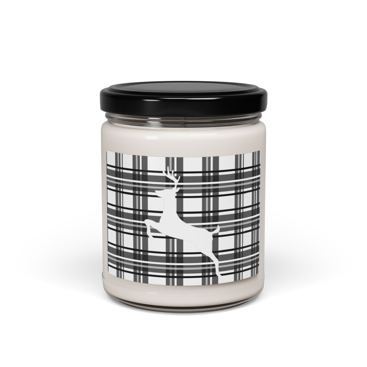 Scented Soy Candle, 9oz/Holiday/Black and White Plaid BG/White Reindeer