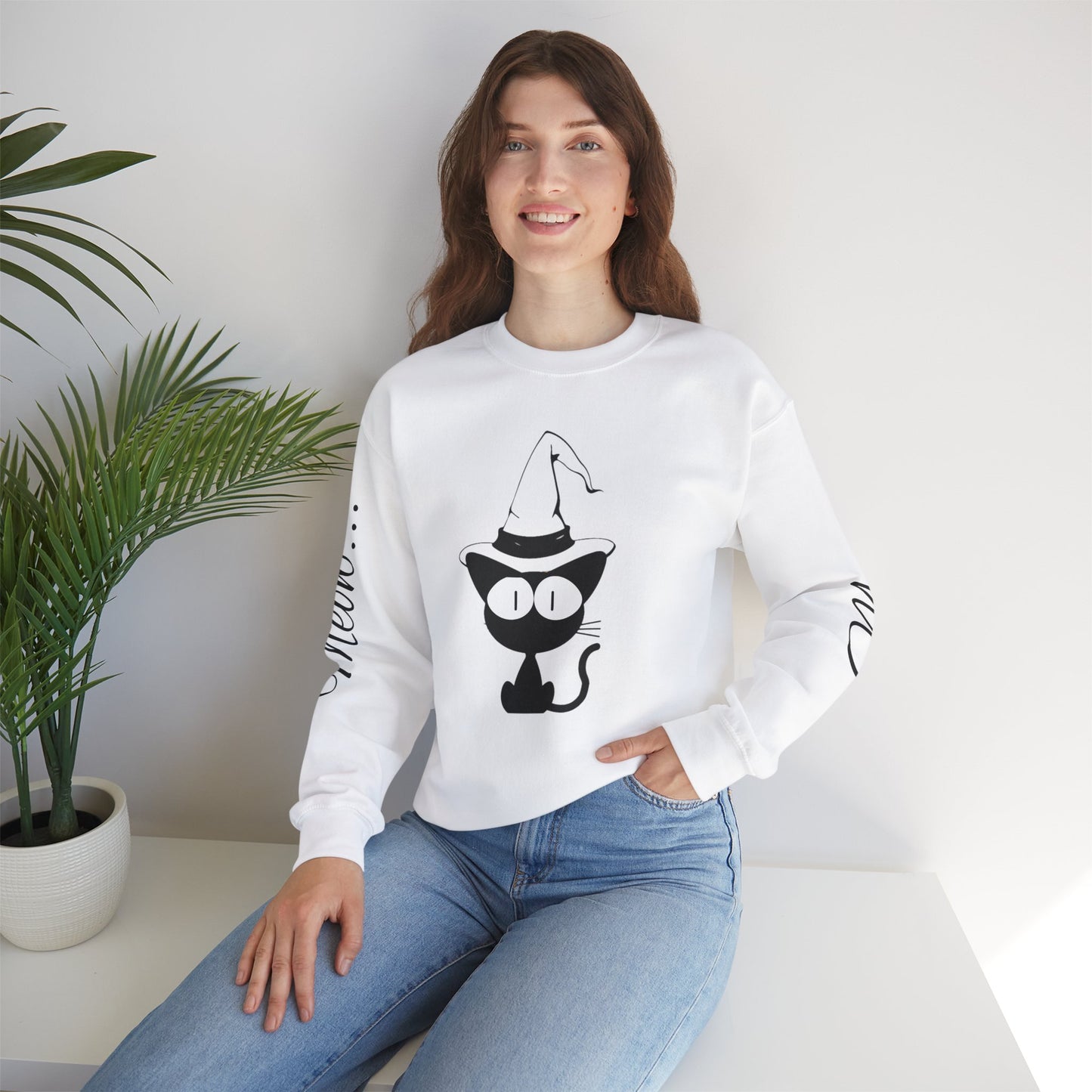 Womans Heavy Blend™ Crewneck Sweatshirt/Cat in a Hat/Holiday/Text down the Arm