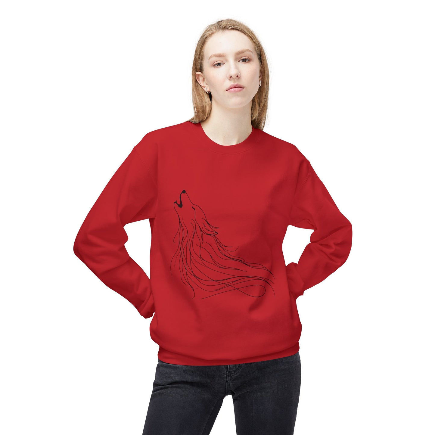 Unisex Midweight Softstyle Fleece Crewneck Sweatshirt/ Howling Wolf/ Line Art