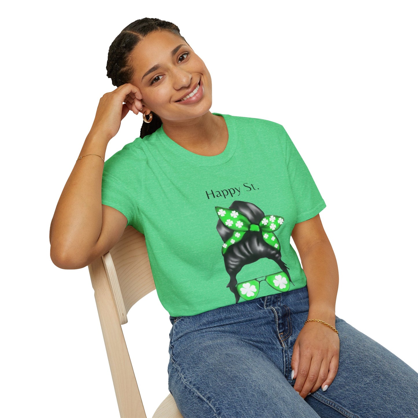 Unisex Softstyle T-Shirt/Happy St. Patrick's Day/ Woman/ Brunette/ Green Glasses/ White Clovers