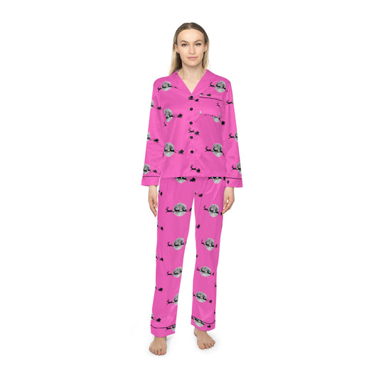 Women's Satin Pajamas (AOP) Pink/Santa flying across the moon/Silhouette