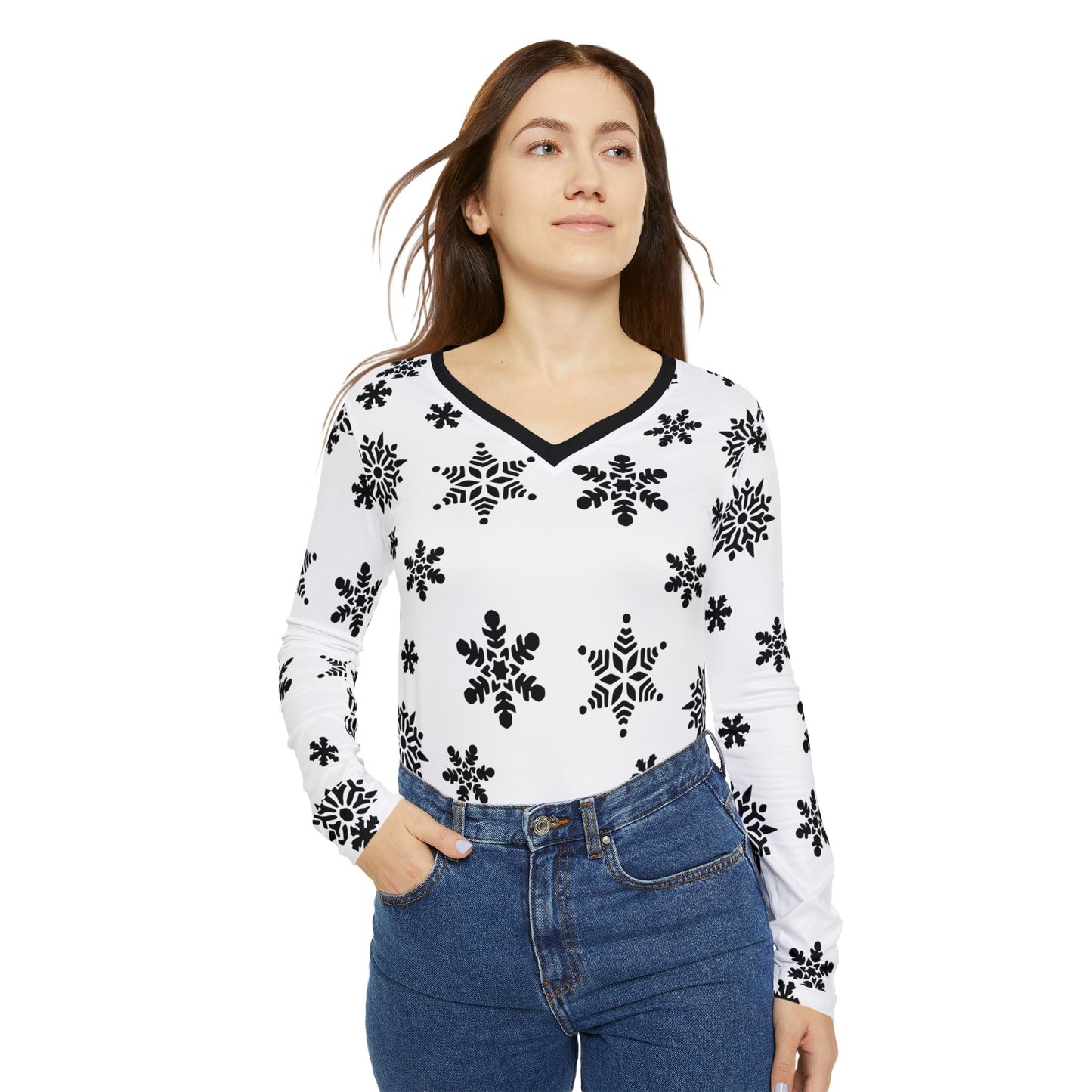 Women's Long Sleeve V-neck Shirt (AOP)/White/Black Snowflakes/Holiday