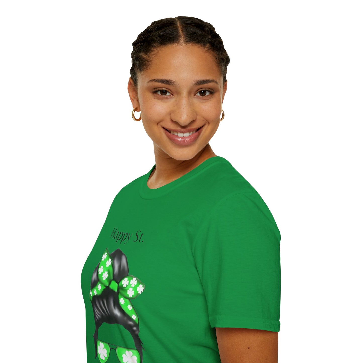 Unisex Softstyle T-Shirt/Happy St. Patrick's Day/ Woman/ Brunette/ Green Glasses/ White Clovers