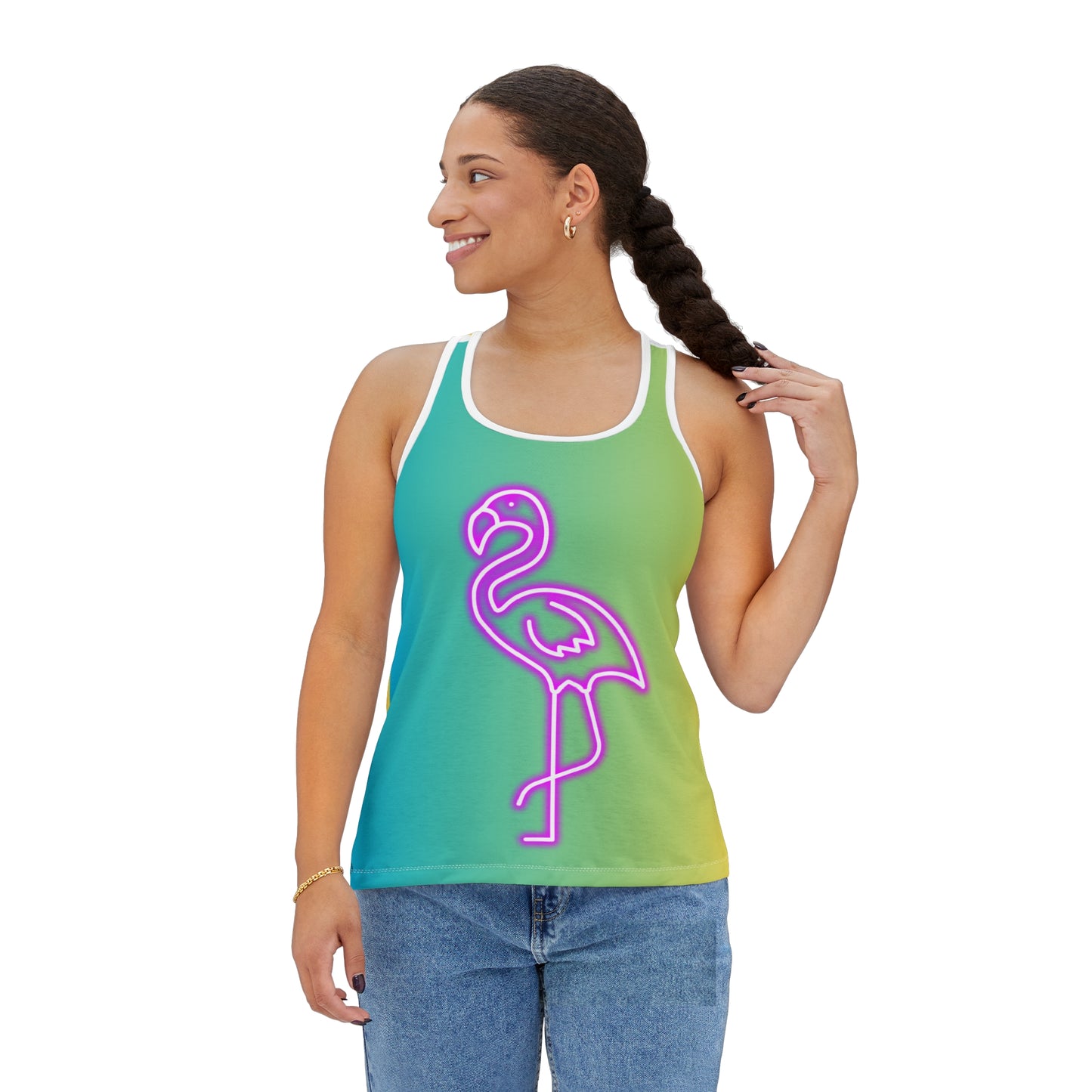 Women's Tank Top (AOP)/Neon Pink Flamingo/Blue/Yellow Gradient