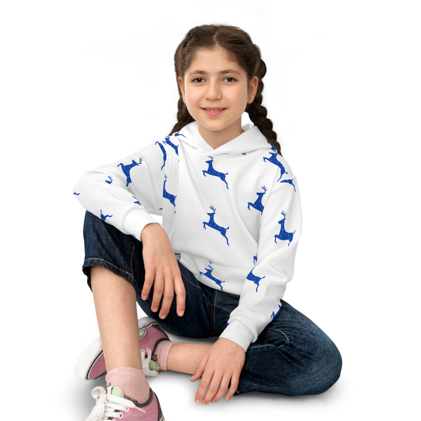 Children's Hoodie (AOP/Blue Poke a Dot Reindeer/White BG