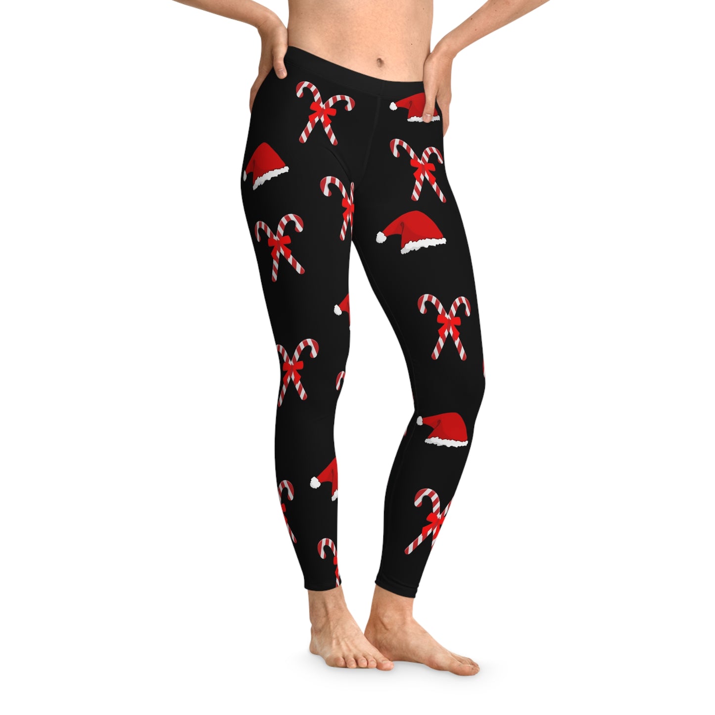 Women's Stretchy Leggings (AOP)/Santa Hat/Candy Canes/Black