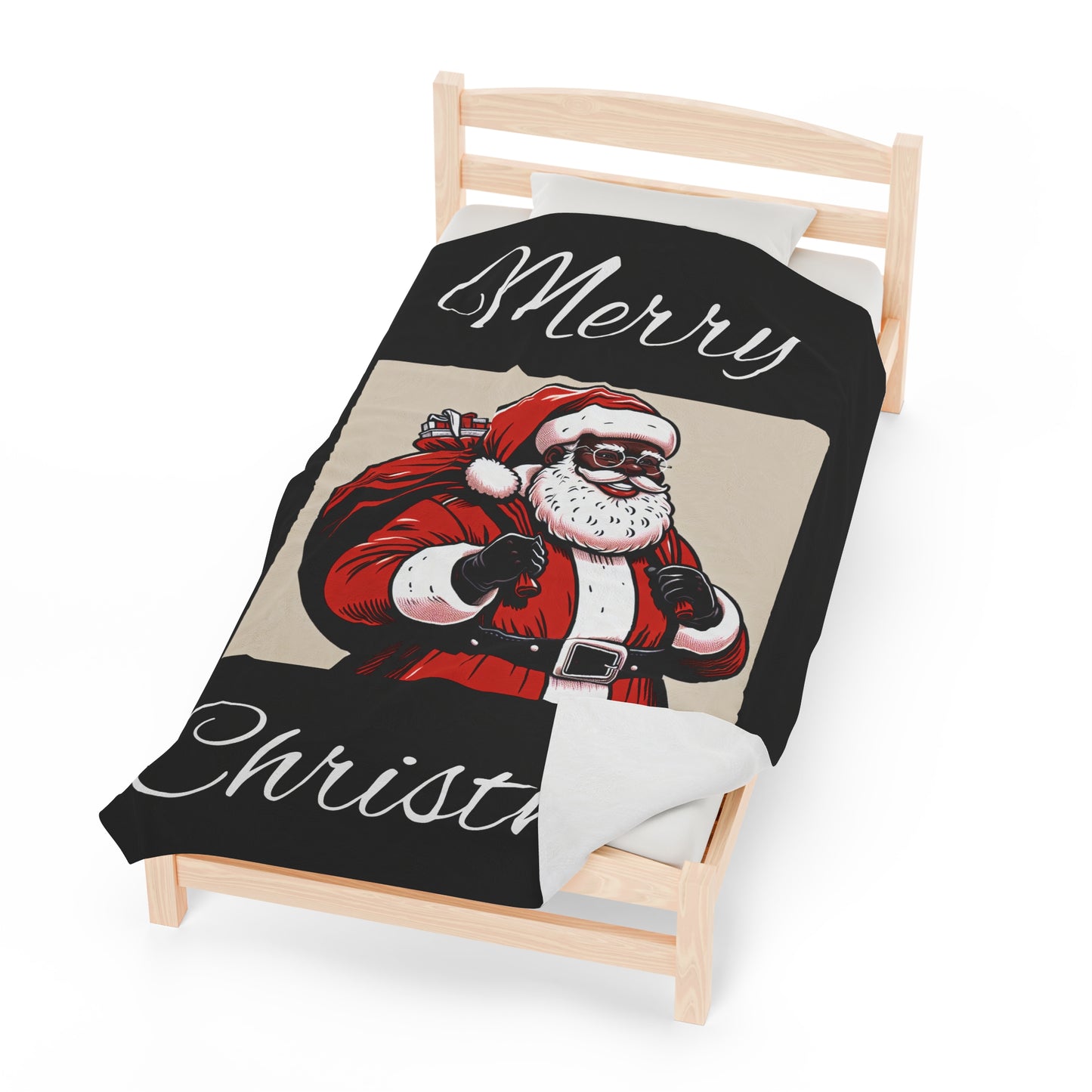 Velveteen Plush Blanket/African American Santa/Merry Christmas