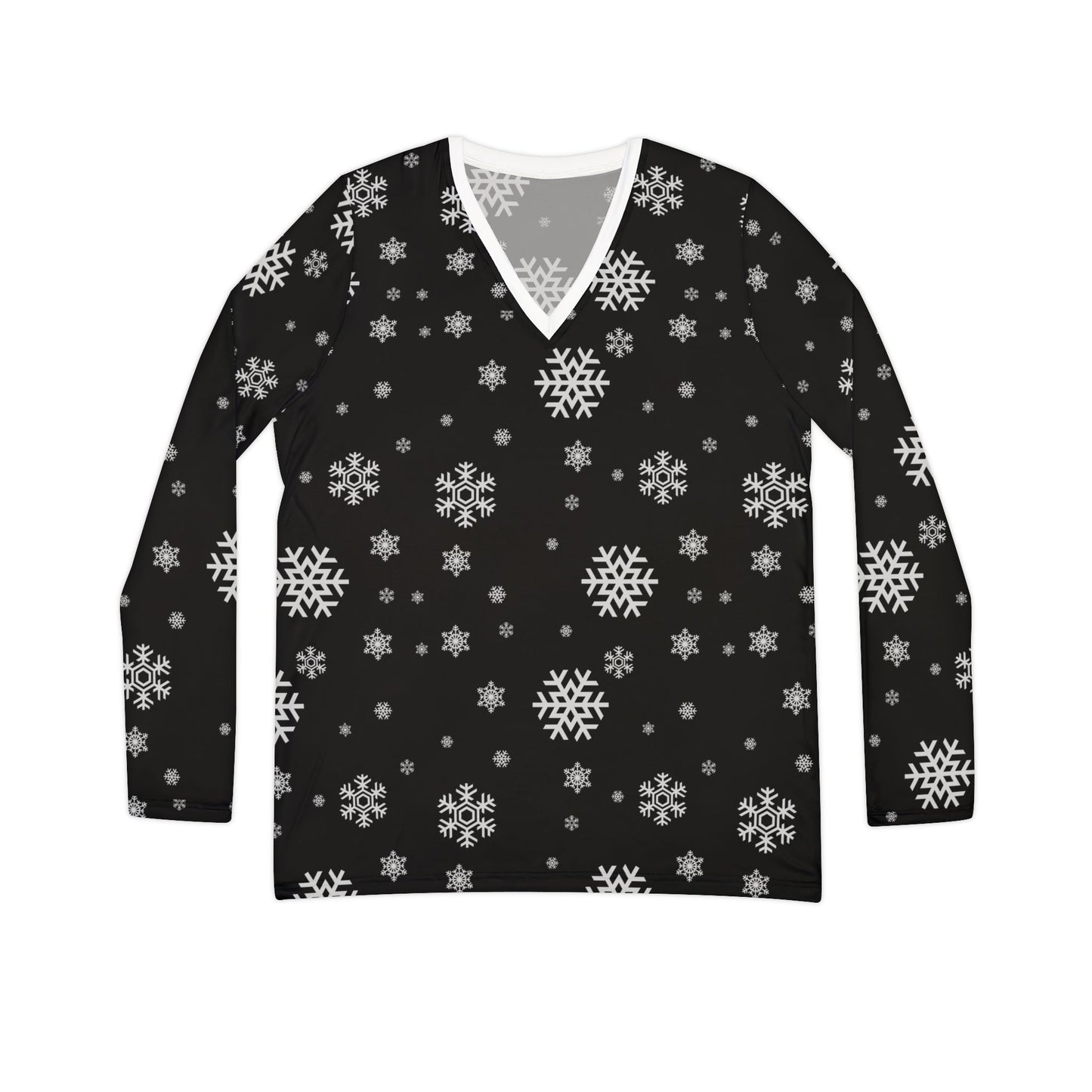 Women's Long Sleeve V-neck Shirt (AOP)/ Black/White Snowflakes/Holiday