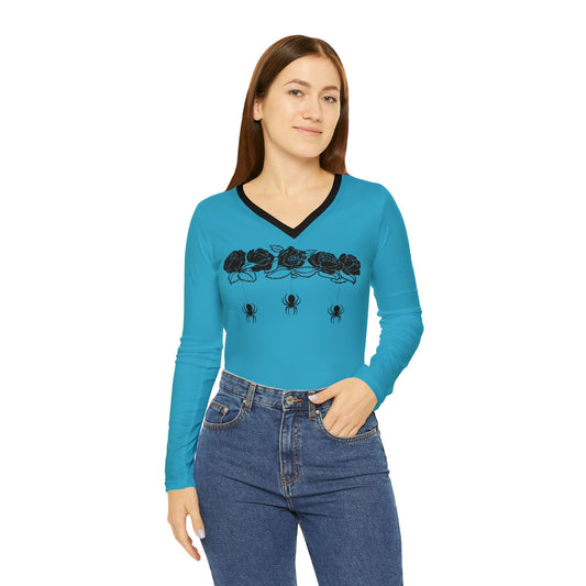 Women's Long Sleeve V-neck Shirt (AOP)/ Rose's/Spiders/Teal